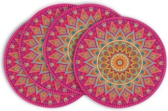 OEM Juego De 4 Manteles Individuales Redondos Con Estampado De Mandala - Rosa Y Amarillo, 35,6 Cm - Para Fiestas, Decoraci&oacute;n De Cocina Y Comedor