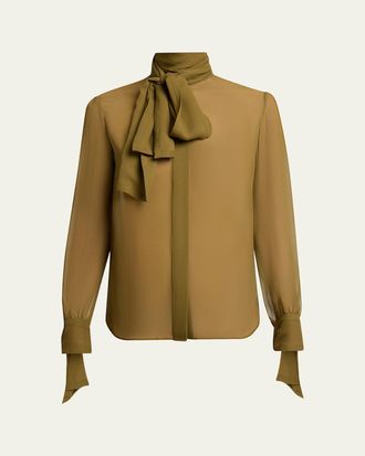 Saint Laurent Lavalliere Silk Long-Sleeve Blouse