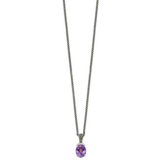 Diamond2Deal Sterling Silver with 14K Accent Oval Amethyst and Diamond Pendant Necklace