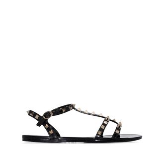Valentino Garavani Flat Sandals, female, Black, Size: 10 US Rockstud Double-Strap Flat Sandal