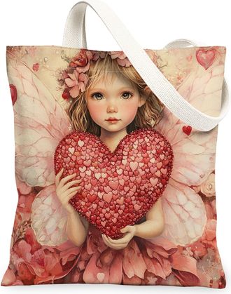 Generic 3D Valentines Day Fairy Canvas Tote Bag for Shopping 13x15, Romantic Rose Love Heart Reusable Grocery Print Pattern Bag for Women, Holiday Beach Aesth