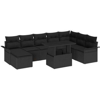 vidaXL Conjunto De Sof&aacute; De Jard&iacute;n Con Coj&iacute;n 9 Pcs Negro
