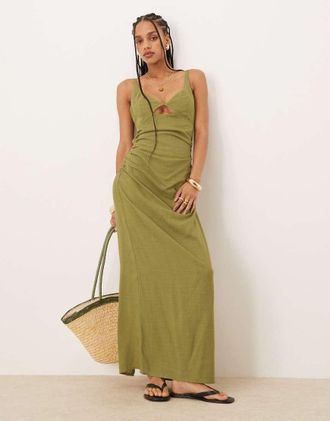 Asos Prendisole lungo in lino verde oliva con brassi&egrave;re con cut-out