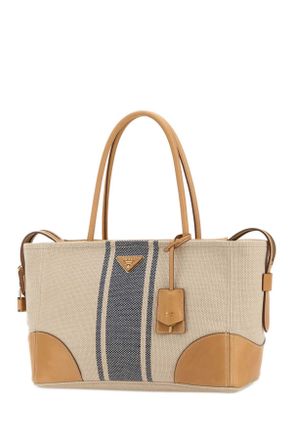 Prada Womens Sand Canvas Large Shopping Bag Naturale+baltico Borse A Mano
