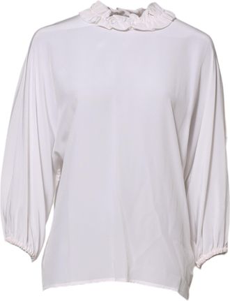 Dolce & Gabbana Womens White Ruffled Neckline Blouse Pullover Top Silk