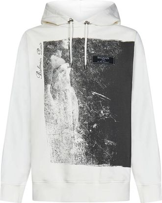 Balmain Witte Katoenen Hoodie met Fotoprint - Heren - Hoodies - Wit - M - Katoen - Hoodies & sweatvesten