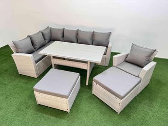 Fimous 9 Seater Rattan Garden Furniture Set with Dining Table Chair Footstool in Light Grey
