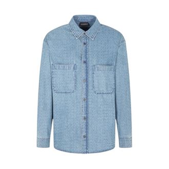 Emporio Armani Denim overhemd met comfortabele pasvorm en logo-letters all-over print - Heren - Casual Overhemden - Blauw - S - Denim - Overhemden