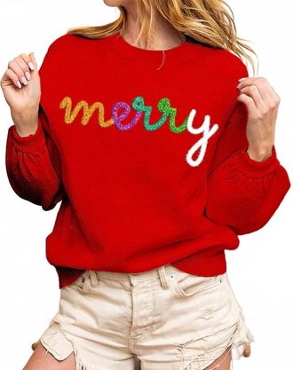 Bibi Merry Metallic Letter Sweater In Red
