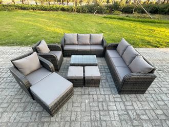 Fimous Rattan Outdoor Garden Furniture Sofa Set Patio Table & Chairs Set with Reclining Chair 3 Footstools 3 Seater Sofa Dark Grey Mixed