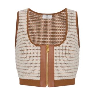 Elisabetta Franchi Sleeveless Tops, female, Beige, Size: M Chenille Top with Waffle Stitch