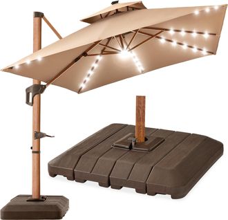 Best Choice Products 10ft Square Woodgrain Pattern 2-Tier Outdoor Solar LED Cantilever Umbrella w/ Base