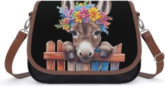 Generic Funny Donkey With Flowers Crossbody Bag Womens Handbag PU Message Bags Shoulder Purse with Adjustable Strap