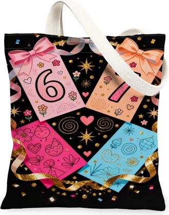 Generic Festive Stars Canvas Tote Bags, Colorful Gift Tags Pattern Reusable Shopping Bags, Holiday Lightweight Washable Shoulder St, Black, 13x15 Inch