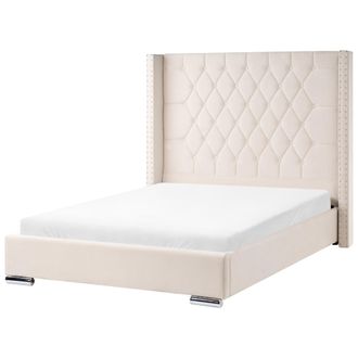 Beliani Cama Con Somier De Terciopelo Abotonado Glamuroso Blanco Crema 140 X 200 Cm Lubbon