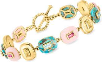 Ross-Simons Pink Opal, Turquoise and Multi-Gemstone Overlay Bracelet in 18kt Gold Over Sterling