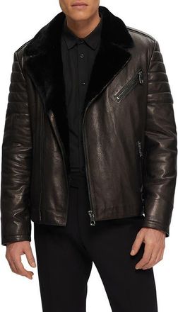 Gorski Mens Nappa Moto Jacket with Genuine Shearling in Black/black at Nordstrom, Size Xx-Large