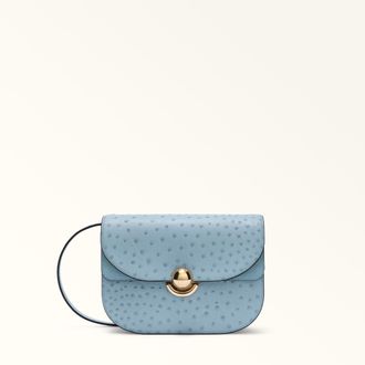 Furla Sfera Crossbody S Carta Da Zucchero Blue Calf Leather With Ostrich Print + Suede Woman