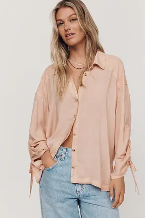 Pilcro Cinched-Sleeve Buttondown Top