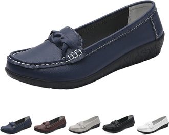 Generic Comfortable Walking Flat Leather Loafers, Comfortable Dressy Wide Fit Slip on Wedge Loafers Orthopedic Driving Shoes (Blue,3.5)
