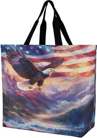 Generic Bald Ea-gles U.S. Flag Large Reusable Shopping Bag Lightweight Foldable Tote Bags Washable Shoulder Handbag