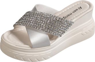 Generic Womens Summer Rhinestone Lightweight Beach Sandals with Thick Platform Heel for Outdoor Casual Wear and Large Sizes (Beige, 6.5)