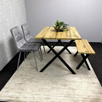 Kosy Koala Wooden Dining Table with 2 Grey Velvet Chairs & Bench - Dining Kitchen Room Furniture in Brown