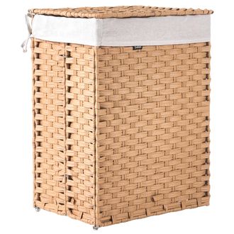 Beliani Cesto Para La Ropa Sucia Plegable De Tejido Trenzado Con Tapa Forro Extra&iacute;ble Hecho A Mano Cuarto De Ba&ntilde;o 83l Marr&oacute;n Mucubaji