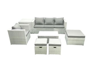 Fimous 7 Pieces Rattan Garden Furniture Set Outdoor Garden Sofa Chair Coffee Table Set with Side Table 3 Footstools Light Grey Mixed