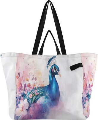 Generic Floral Blue Peacock print Reusable Canvas Tote Bag, Heavy Duty Grocery Shopping Bag with Large Capacity Hard Bottom Double Handles Work Groceries Trav