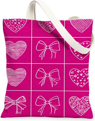 Generic Heart Pattern Canvas Tote Bags, Adorable Bow Design Reusable Grocery Bags, ValentineS Day Lightweight Washable Shoulder St, Peach, 13x15 Inch