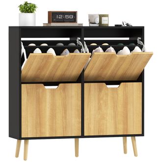 OEM Zapatero Estrecho Con 4 Cajones Abatibles Y Estantes Ajustables Para 16 Pares 95x26x95 Cm Natural Y Negro