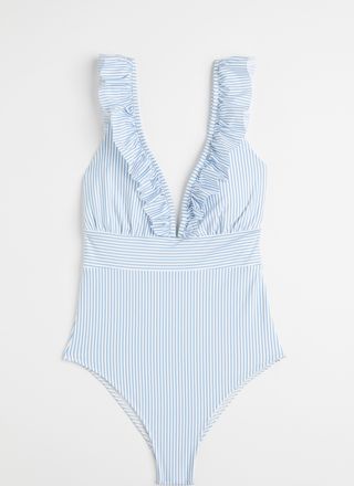 H&M Badeanzug mit wattierten Cups - Hellblau/Gestreift