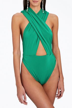 Ronny Kobo Tara Cross-Front Slinky Jersey Bodysuit In Poison Green