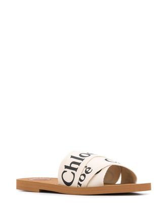 Chlo&eacute; Logo-Print Linen Sandals - White