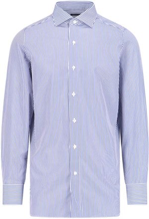 Finamore Vertical Stripe Blue Cotton Shirt With Classic Collar