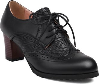 Generic Womens Oxford Pumps Lace Up Round Toe Block Heel Woven Panel Perforated Trim Smooth Upper Dress Shoes Comfortable for Fashion Party,Black,4.5 UK