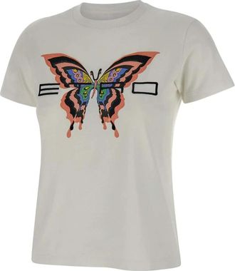 Etro Butterfly Logo Print Katoenen T-shirt - Dames - T-shirts - Wit - S - Katoen - Tops