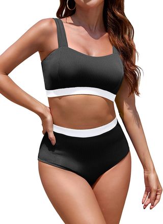 SHEKINI Bikini Sets for Women Ribbed Swimwear Wide Shoulder Straps Two Piece Swimsuit Push Up Bandeau Top High Waisted Bikini Bottom Modest Sports Swimming Co