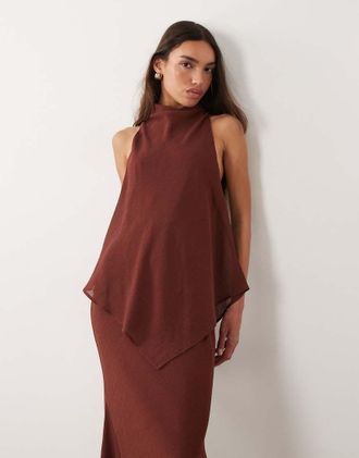 Asos Vestito lungo accollato a doppio strato in chiffon marrone cioccolato