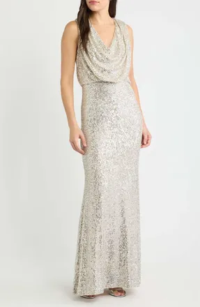 Eliza J Sequin Cowl Neck Gown in Silver at Nordstrom, Size 10