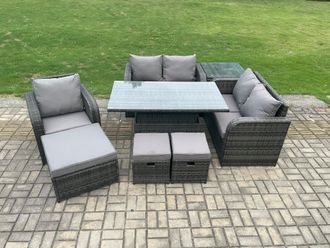 Fimous 8 Seater Rattan Furniture Garden Dining Set Outdoor Height Adjustable Rising lifting Table Love Sofa Chair With Side Table in Dark Grey