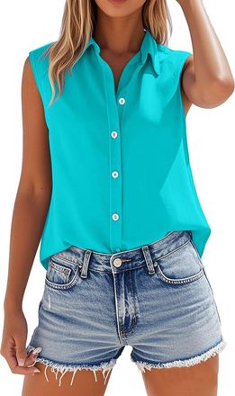 Generic Womens Cotton Linen Vest Tops Sleeveless Button Down V Neck Collar Dressy Casual Loose Shirts Business Work Summer Breathable Ladies Blouses (Aqua, XX