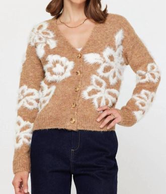 Current Air Fuzzy Sweater Cardigan In Camel