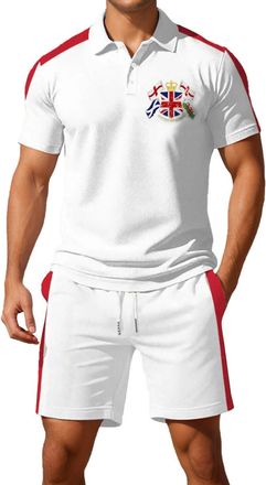 Generic Mens Union Jack Shorts and Shirt Sets Bunting Flags Print Great Britain 2 Piece Ve Day Outfits Button Down Collared Short Sleeve Golf Shirts Activewea