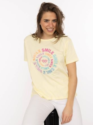Zwillingsherz T-Shirt ZWILLINGSHERZ Smile, Damen, Gr. XXL, gelb, Obermaterial: 95% Baumwolle, 5% Elasthan, Shirts T-Shirt, Farbenfrohe runde Stickerei, Rundhals, ku