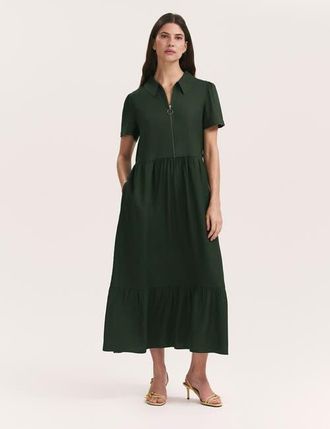 Finery Orion Zip Front Midi Shirt Dress in Dark Khaki at Nordstrom, Size 10