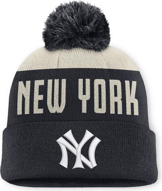 Nike New York Yankees Cooperstown Peak Nike Mens MLB Cuffed Pom Beanie in White | NB160JPDN27-5JZ