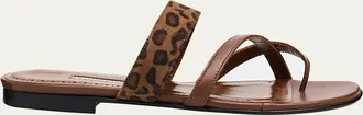 Manolo Blahnik Susa Leather and Leopard-Printed Suede Crisscross Flat Sandals