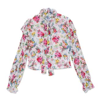 Msgm Shirts, female, Multicolor, Size: M Georgette Viscose Blouse with Floral Print and Ruffled Neck